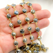 Coated Labradorite Round Shape Bezel Gold Plated Wire Chain